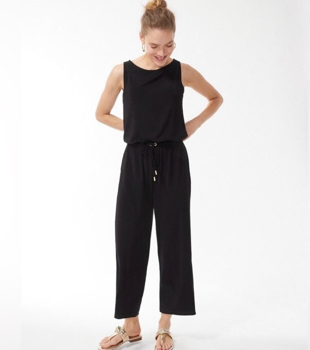 Chico’s Travelers Jumpsuit Women’s 3/XL Sleeveless Black Tie Waist Wide Leg